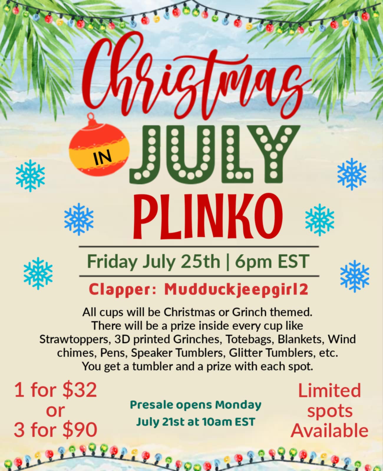 PLINKO CHRISTMAS IN JULY EVENT JULY 27TH AT 6PM EST