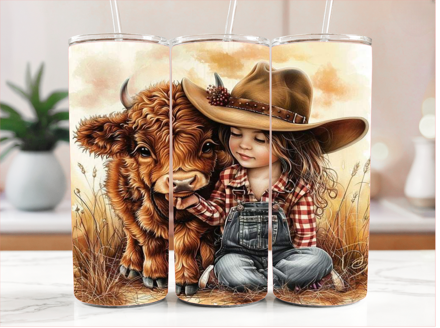 BABY HIGHLAND COW WITH LITTLE GIRL TUMBLER RTS