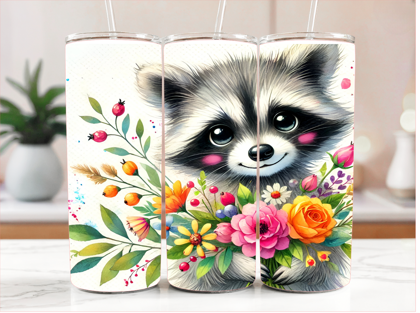 RACCOON WITH FLOWERS TUMBLER RTS