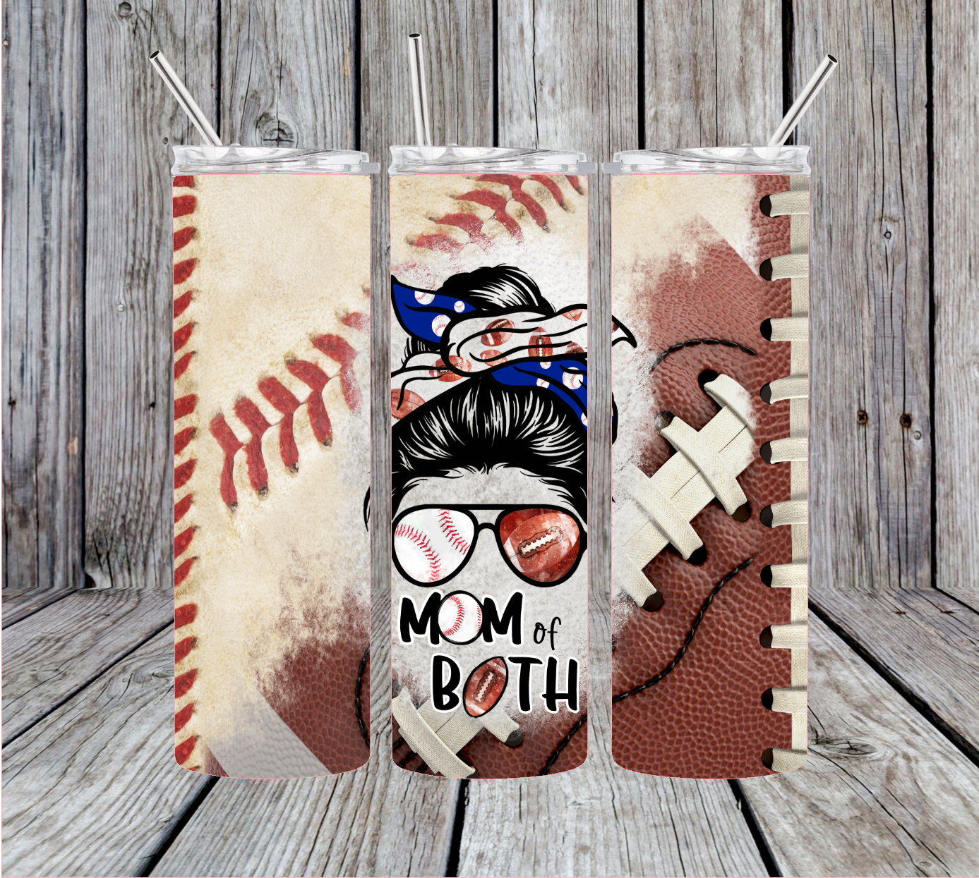 Baseball Football Messy Bun Mom of Both Tumbler