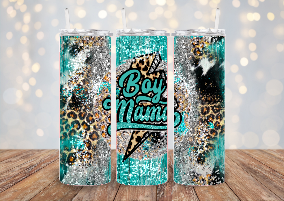 Boy Mama Leopard Glitter Tumbler