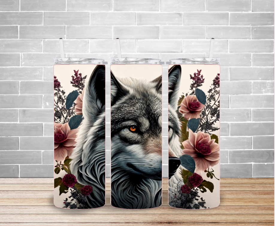 Wolf Face with Flowers Tumbler