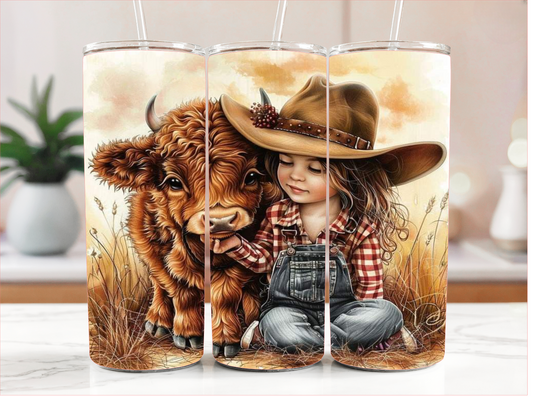 BABY HIGHLAND COW WITH LITTLE GIRL TUMBLER RTS