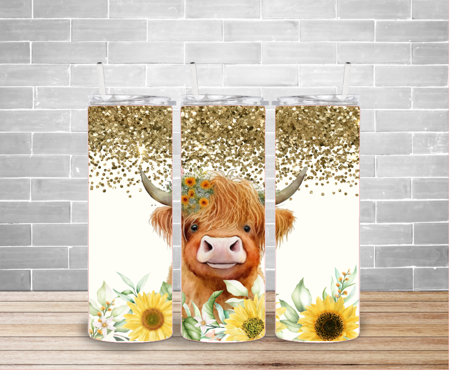 Highland Cow Glitter & Sunflowers Tumbler