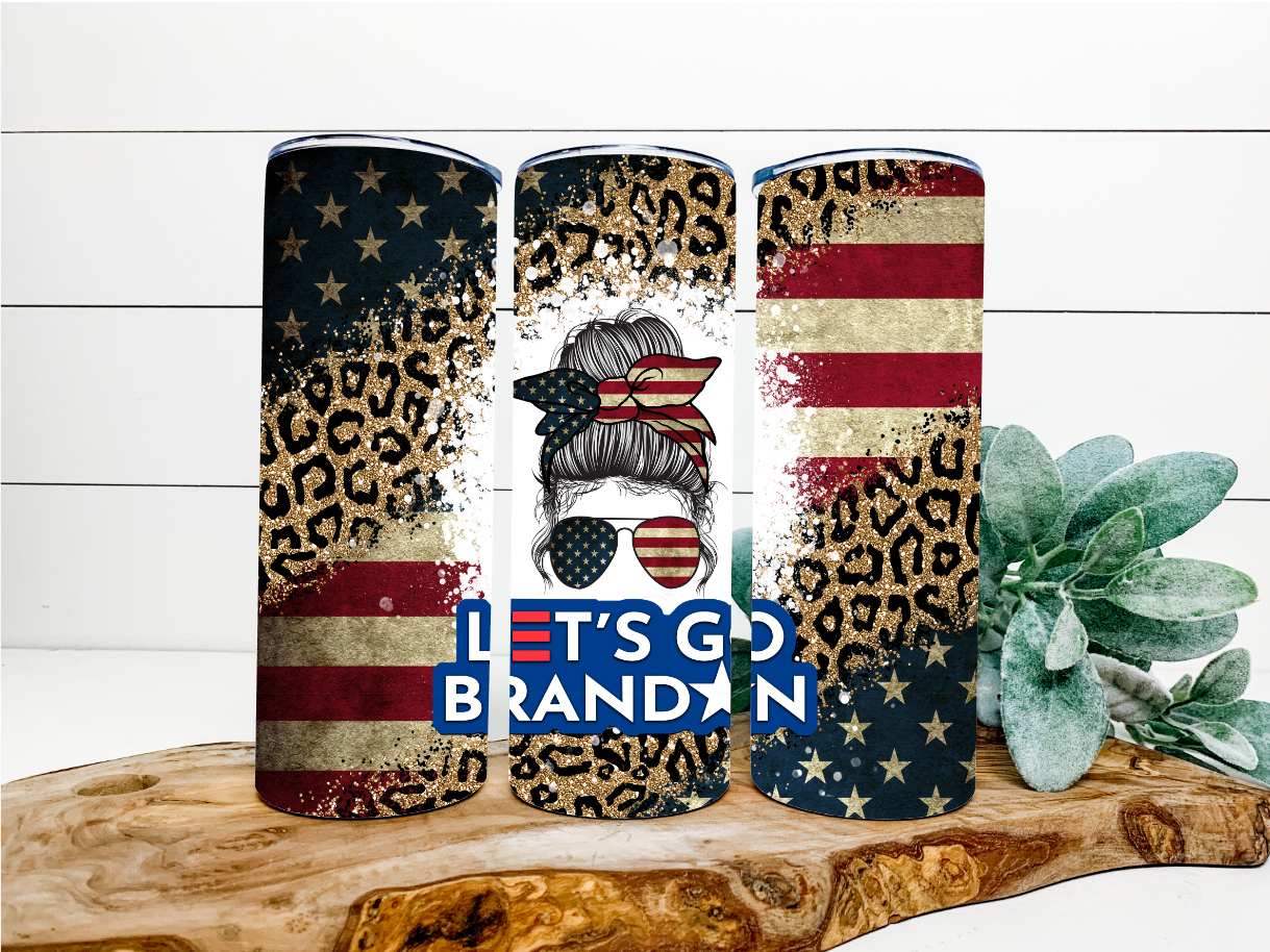 Let's Go Brandon Leopard Messy Bun Tumbler