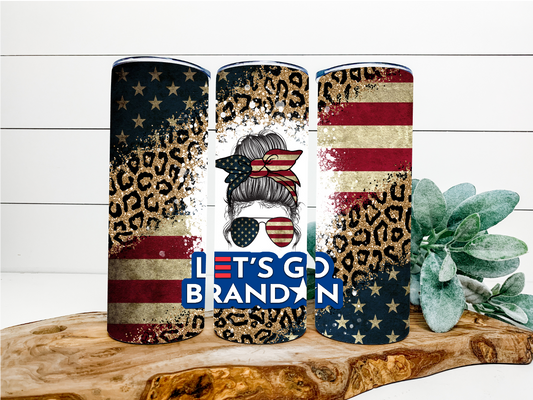 Let's Go Brandon Leopard Messy Bun Tumbler