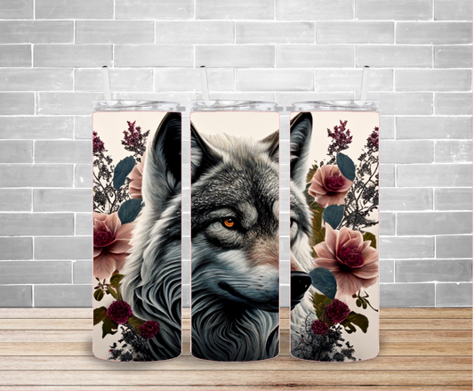 Wolf Face with Flowers Tumbler